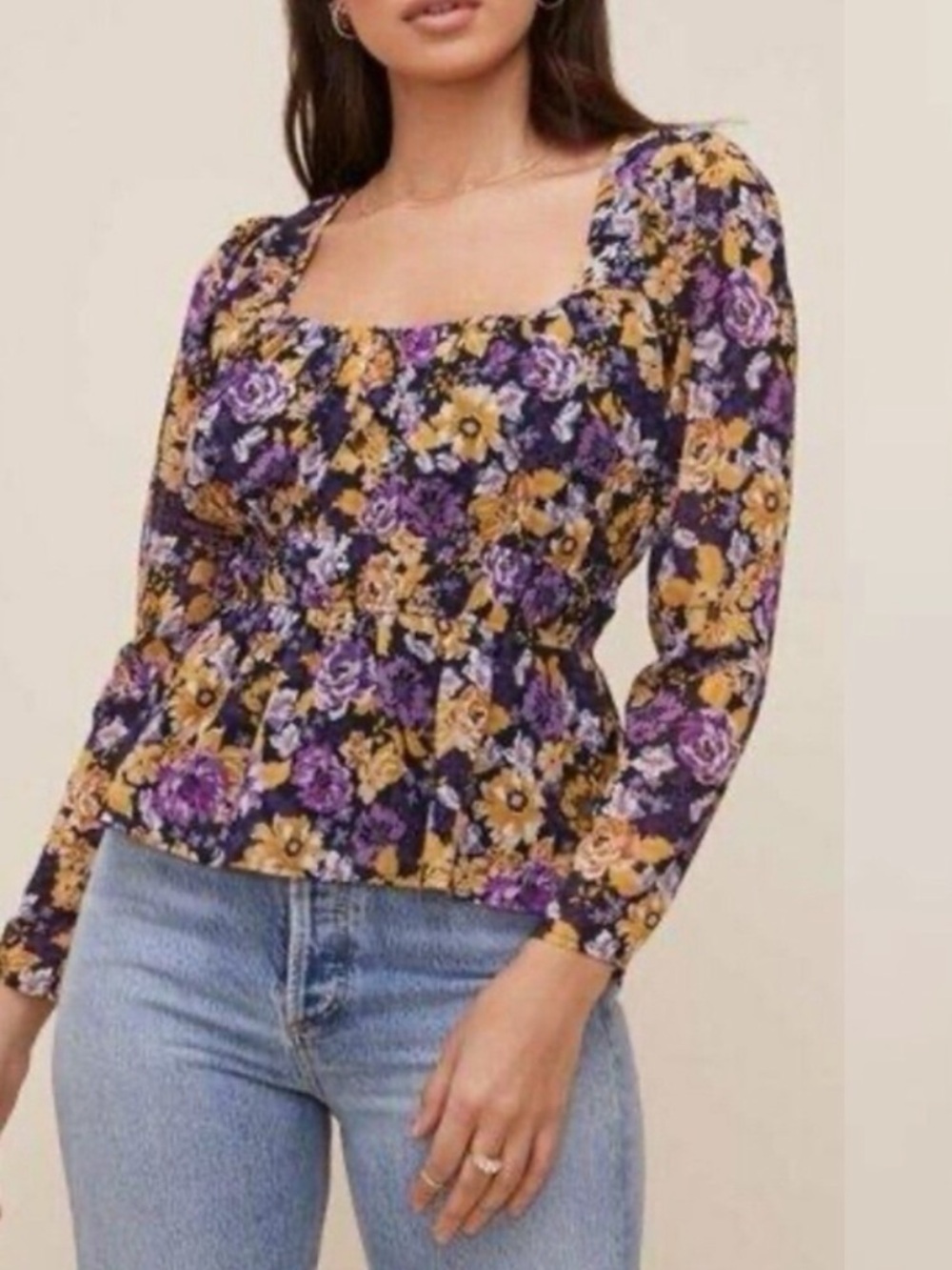 Astr Mustard & Purple Floral Square-Neck Puff-Sleeve Blouse